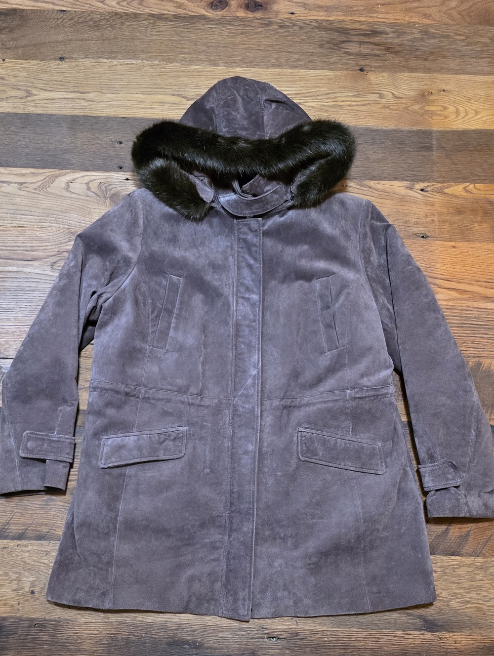BGSD Women's Hooded Genuine Suede Leather Coat with Fur Trim - Taupe 1X